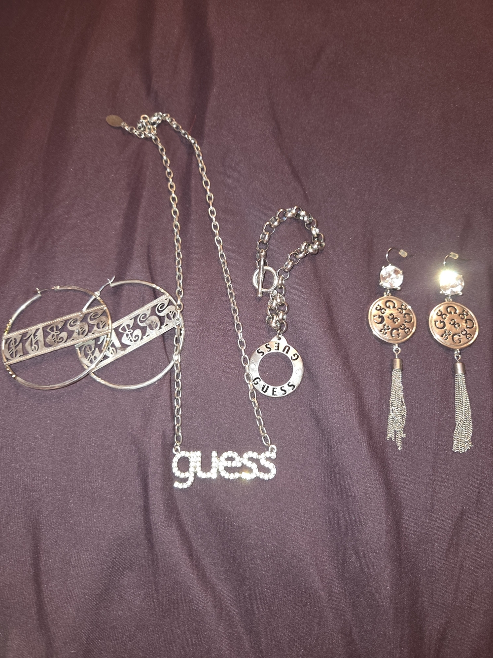 Guess Silver-Tone Crystal Logo Necklace with Mixed Silver Earrings